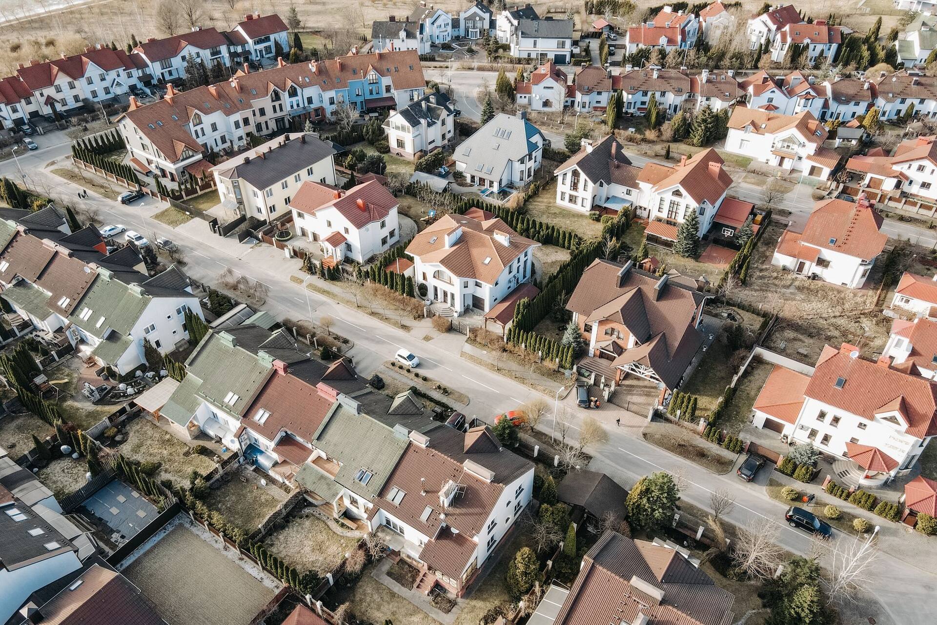 Aerial view of a residential estate showing clearly arranged individual plots